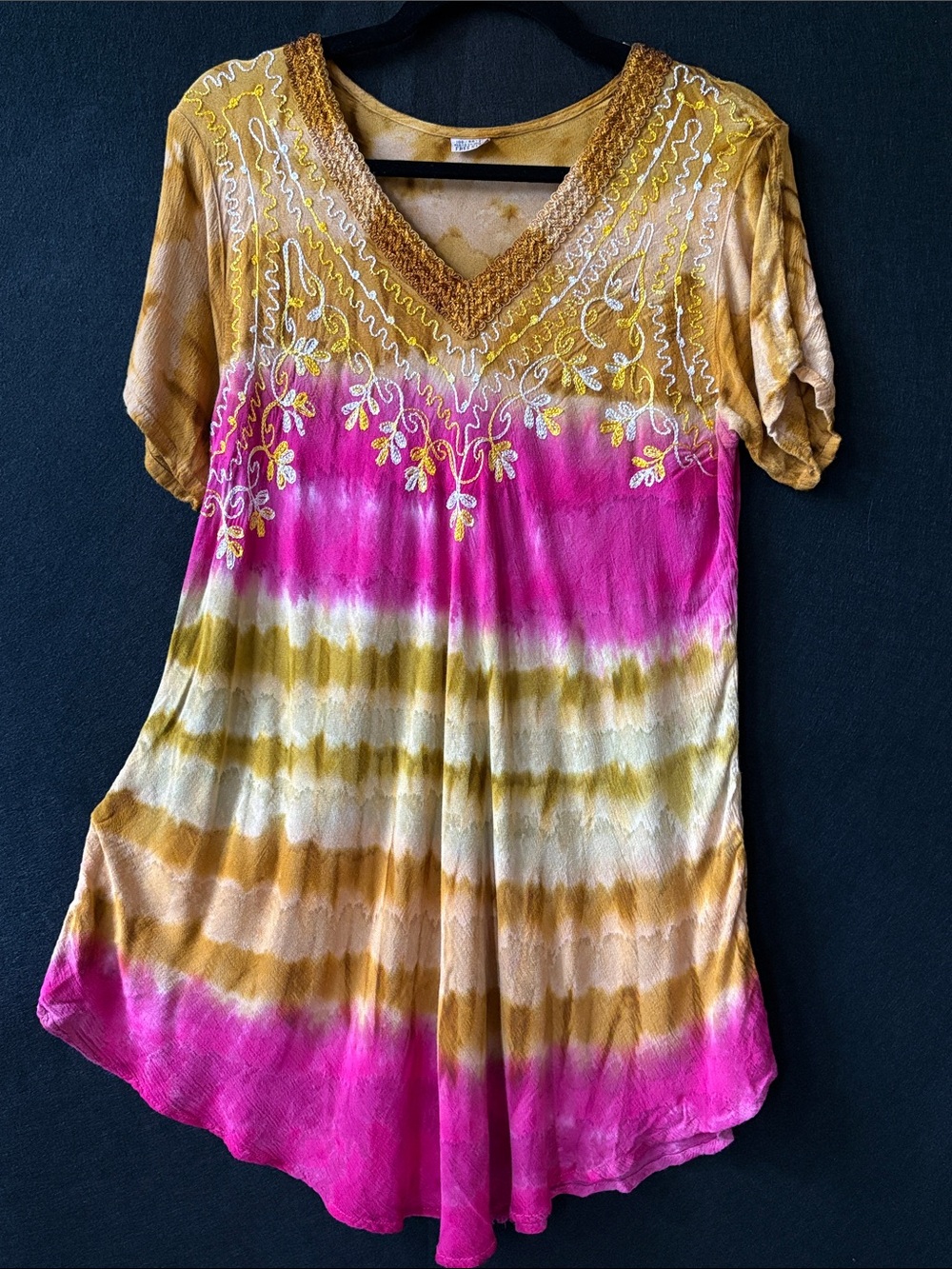 Fuschia & Gold Embroidered Tie-Dye V-Neck Tunic Top Fits S,M,L,XL
